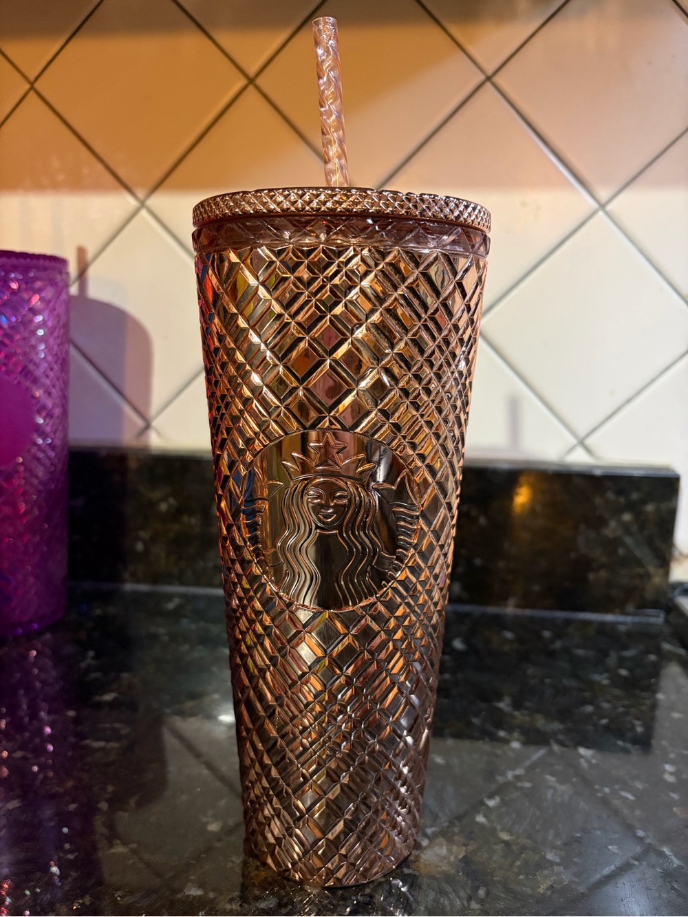 Starbucks Rose Gold Diamond-Pattern Tumbler with Straw LIMITED EDITION